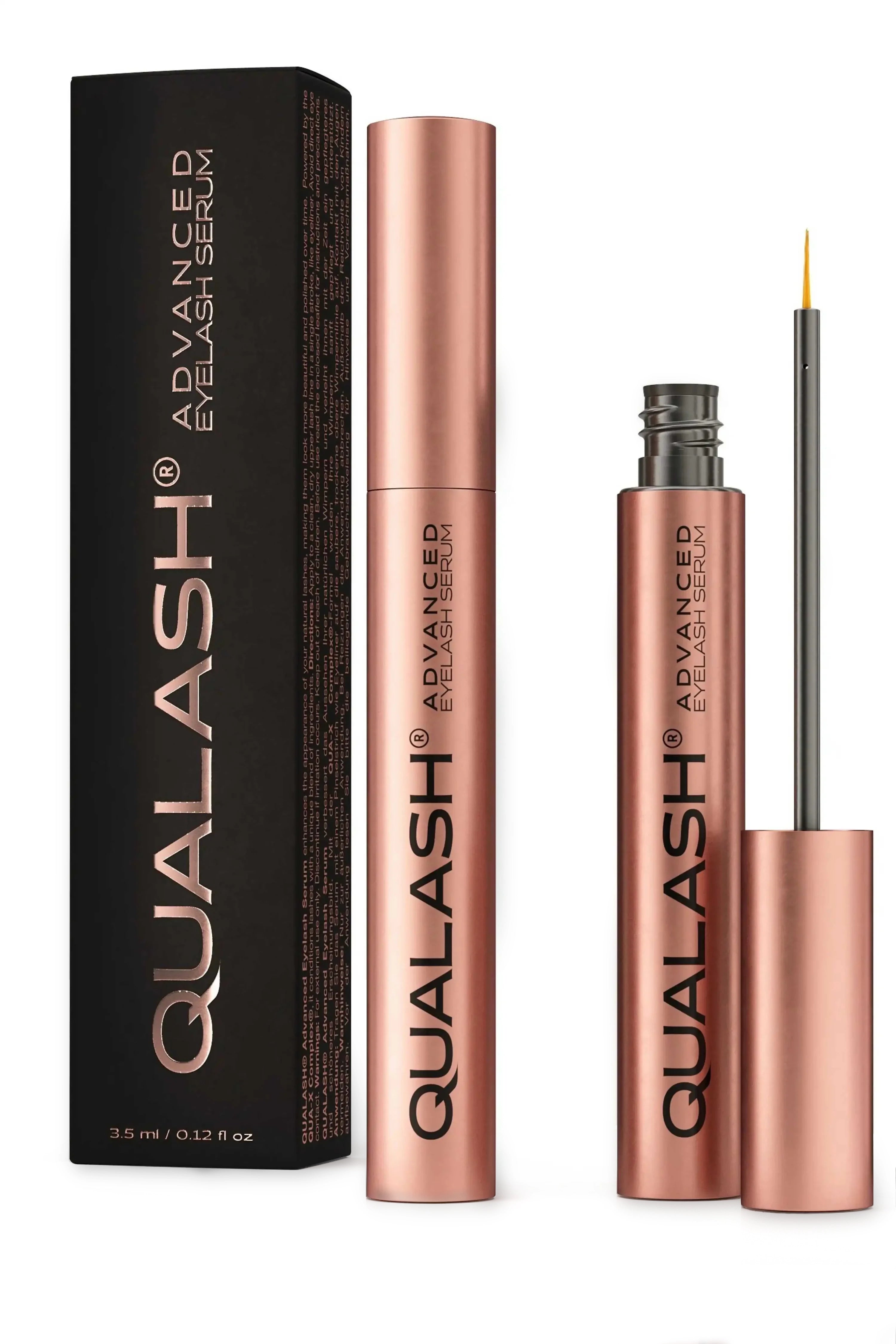 QUALASH Advanced Eyelash Growth Serum 3.5 ml with applicator brush and black product box