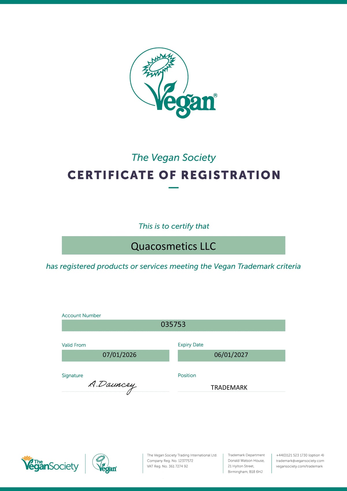 Certificate of Registration Vegan 2026 - 2027