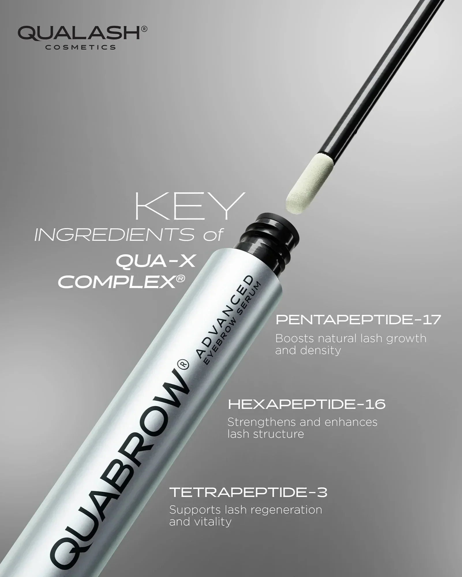 QUABROW QUA-X 복합체가 함유된 고급 아이브로우 세럼, 주요 성분 Pentapeptide-17, Hexapeptide-16, Tetrapeptide-3 강조