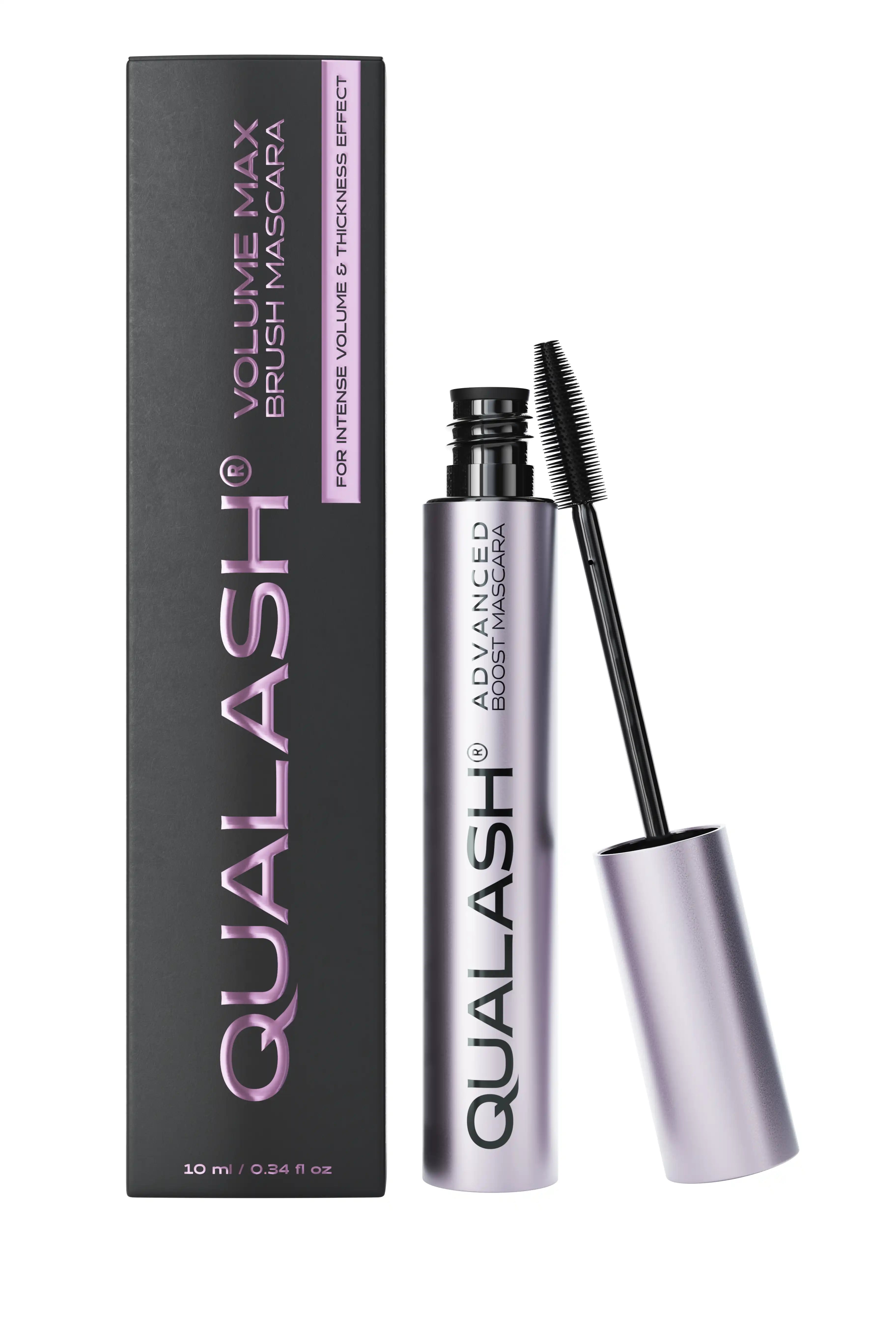 개봉한 QUALASH® Advanced Mascara Volume Max 10 ml, 제품 상자와 곡선형 브러시가 보임