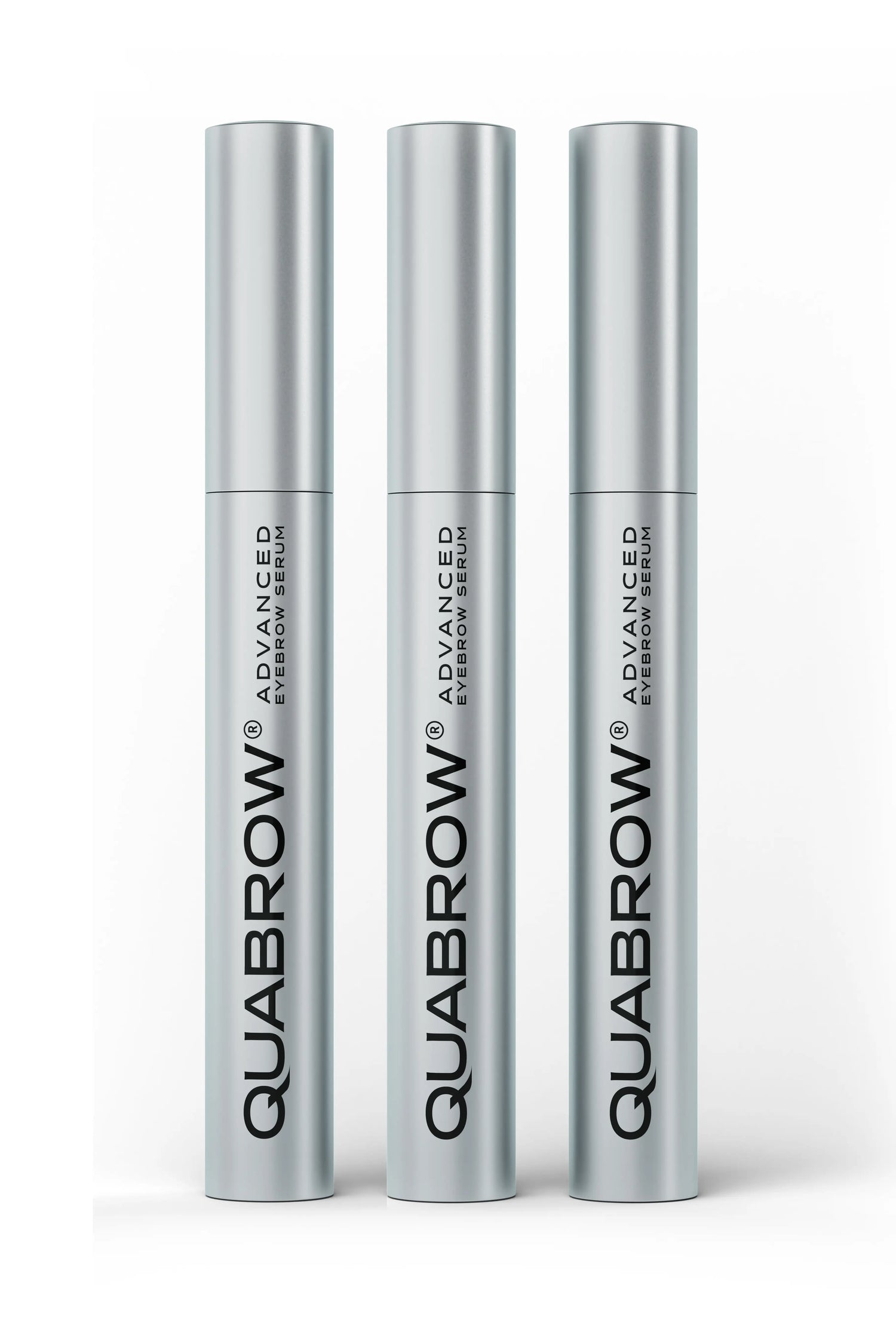 QUABROW Advanced Eyebrow Serum Trio Set displayed on branded packaging with one tube opened