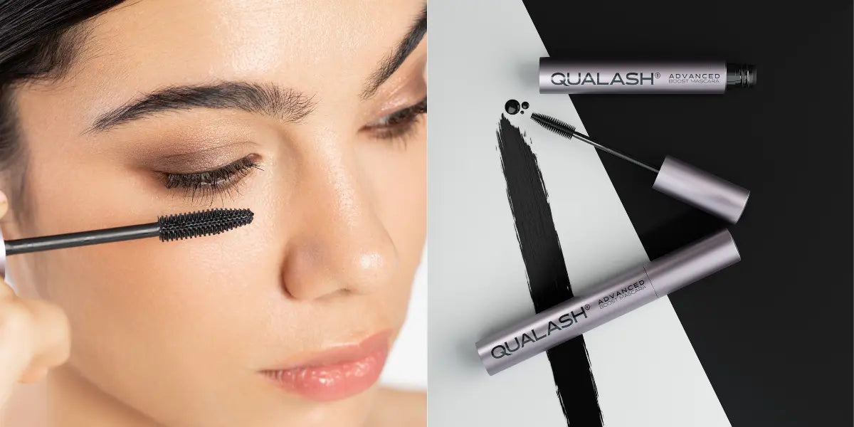A sleek, metallic silver mascara tube with the brand name ’qualash’ and product line ’advanced’ printed in white lettering.